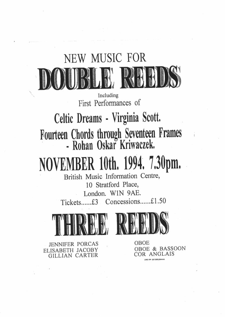 A concert flyer for 'New Music for Double Reeds' featuring performances of 'Celtic Dreams' by Virginia Scott and 'Fourteen Chords through Seventeen Frames' by Rohan Oskar Kriwaczek, held on November 10th, 1994, at the British Music Information Centre in London.