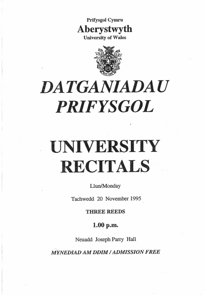 Event poster for University Recitals at Aberystwyth University, featuring the performance 'Three Reeds' on November 20, 1995, at 1:00 p.m. in Joseph Parry Hall, with free admission.