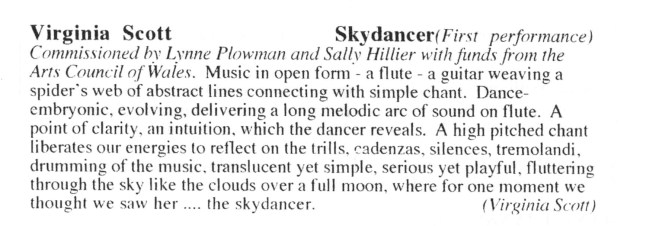Text describing the first performance of 'Skydancer' by Virginia Scott, highlighting the collaboration with Lynne Plowman and Sally Hillier, and detailing the music's abstract style and the dancer's expression.